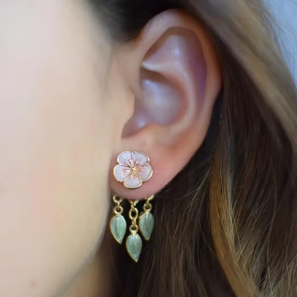 Cherry Blossom Flower with Dangle Leaves Stud Earrings - Picture 2 of 4